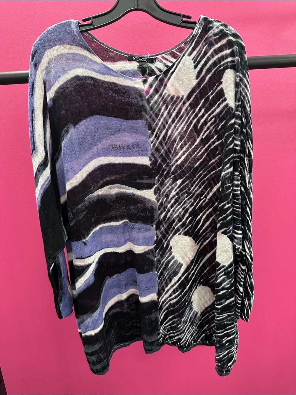 NIC+ZOE Black and Light Purple 🖤💜Patterned Knit Linen Blend Tunic Top size 2X